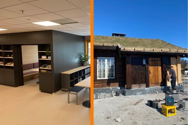 Todelt bilde. Del en er fra et kontorlanskap hvor veggen er malt mørk. Den andre delen er fra en ny hytte som beises.